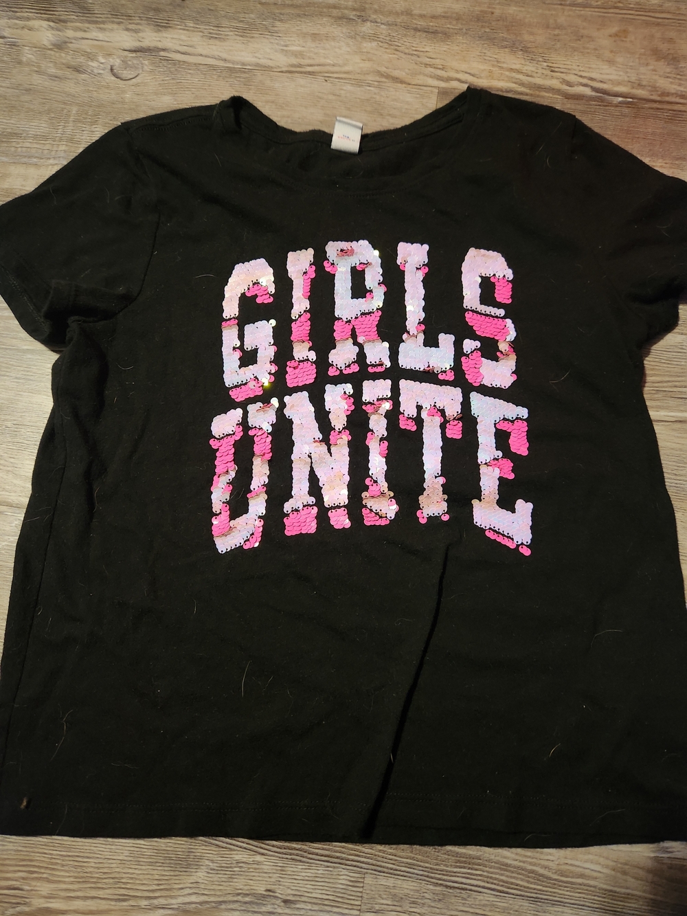 Old Navy Black Tee with Pink and White Sequin 'GIRLS UNITE'